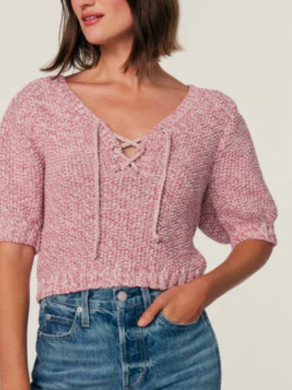 AMO Aviva Short Sleeve Marled Pink & Natural Pima Cotton Sweater Size Small